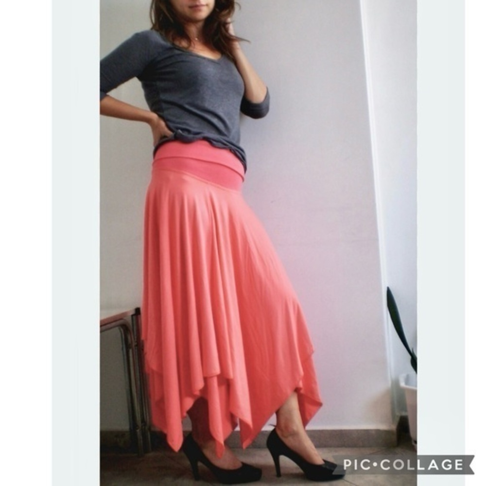 Fresh Laundry Coral Peach Hankerchief Midi Sharkbite Knit Skirt XS Boho Chic